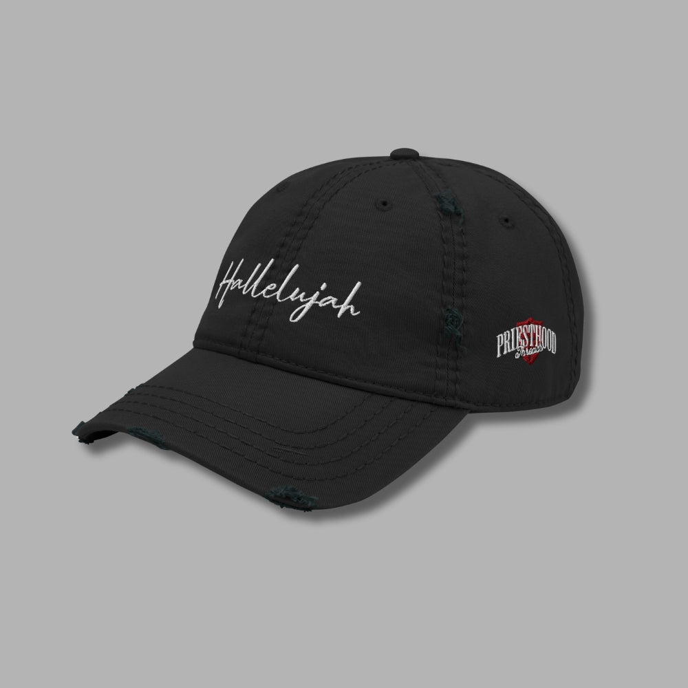 Hallelujah Distressed Dad Hat – Black Christian Cap of Praise | Priesthood Threads
