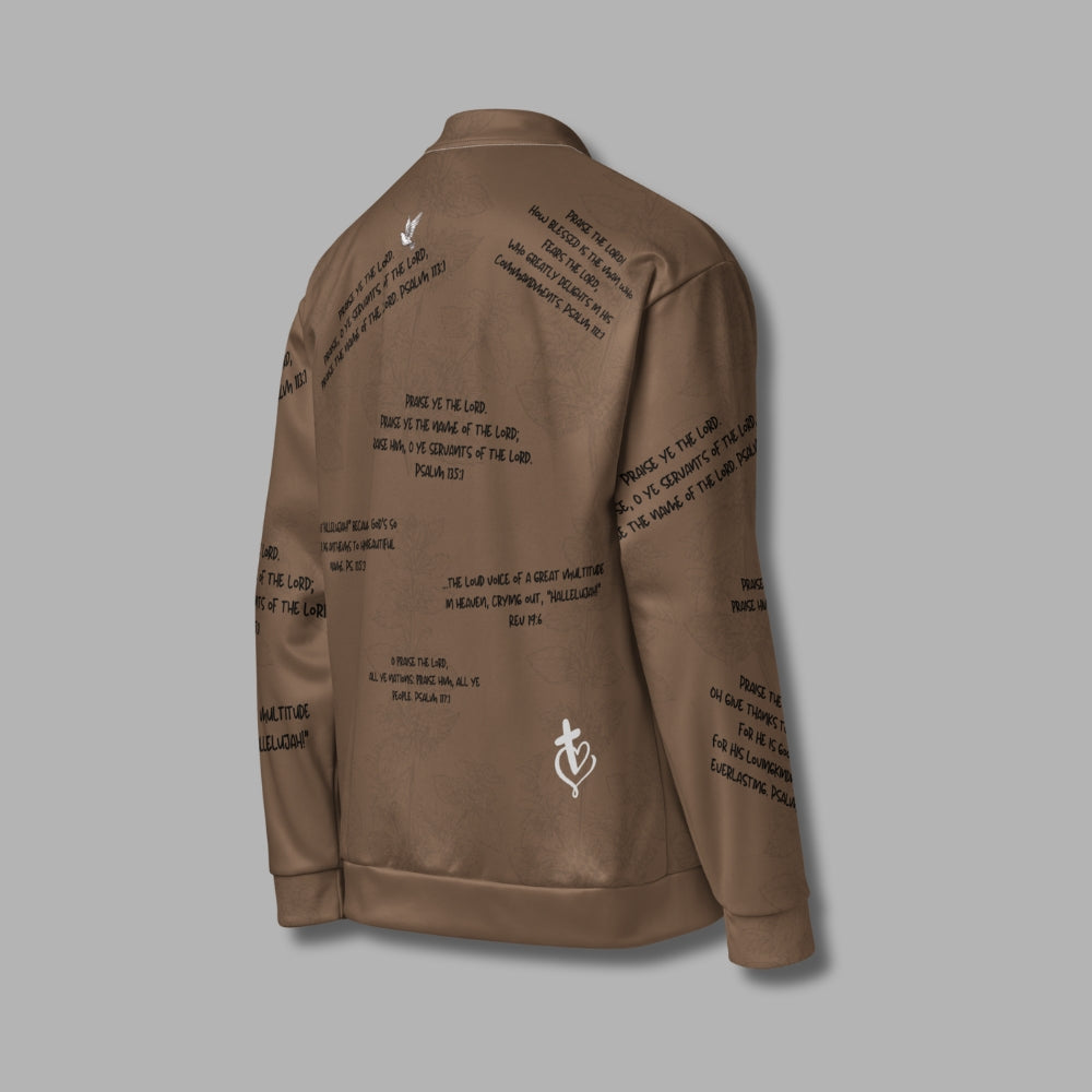 Hallelujah Unisex Bomber Jacket – Christian Streetwear with Bible Scriptures | Priesthood Threads (Mocha)