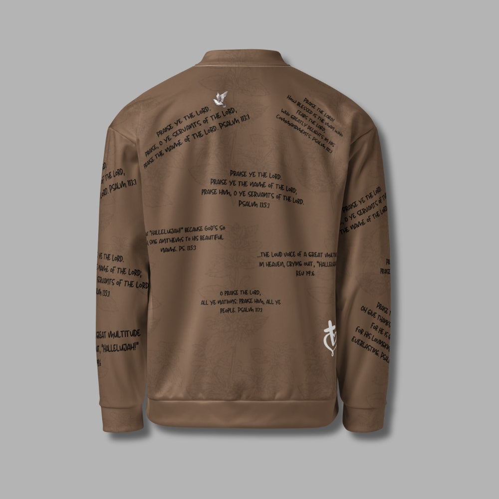 Hallelujah Unisex Bomber Jacket – Christian Streetwear with Bible Scriptures | Priesthood Threads (Mocha)