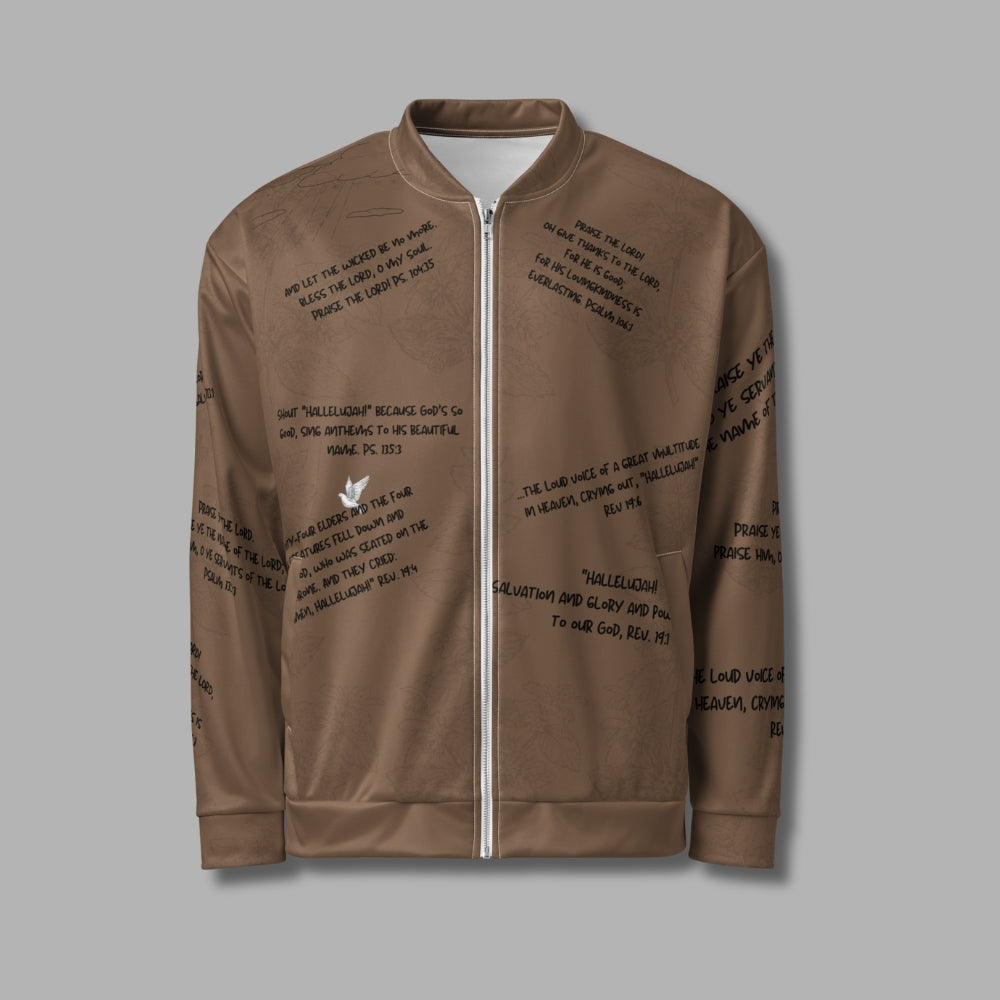 Hallelujah Unisex Bomber Jacket – Christian Streetwear with Bible Scriptures | Priesthood Threads (Mocha)