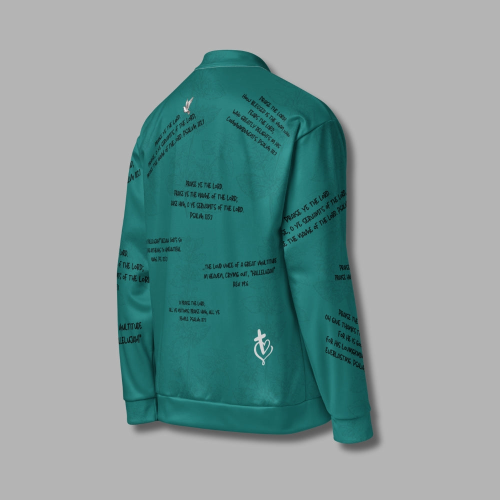 Hallelujah Unisex Bomber Jacket – Christian Streetwear with Bible Scriptures | Priesthood Threads (Teal)