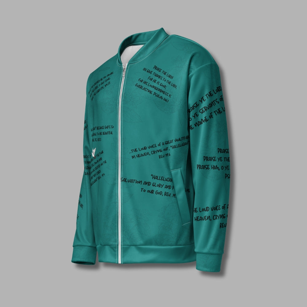 Hallelujah Unisex Bomber Jacket – Christian Streetwear with Bible Scriptures | Priesthood Threads (Teal)