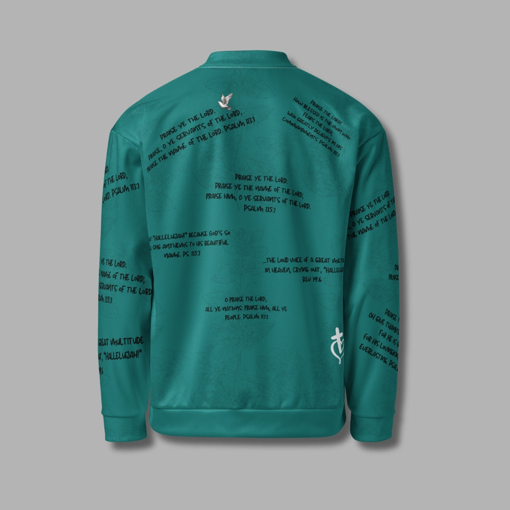 Hallelujah Unisex Bomber Jacket – Christian Streetwear with Bible Scriptures | Priesthood Threads (Teal)