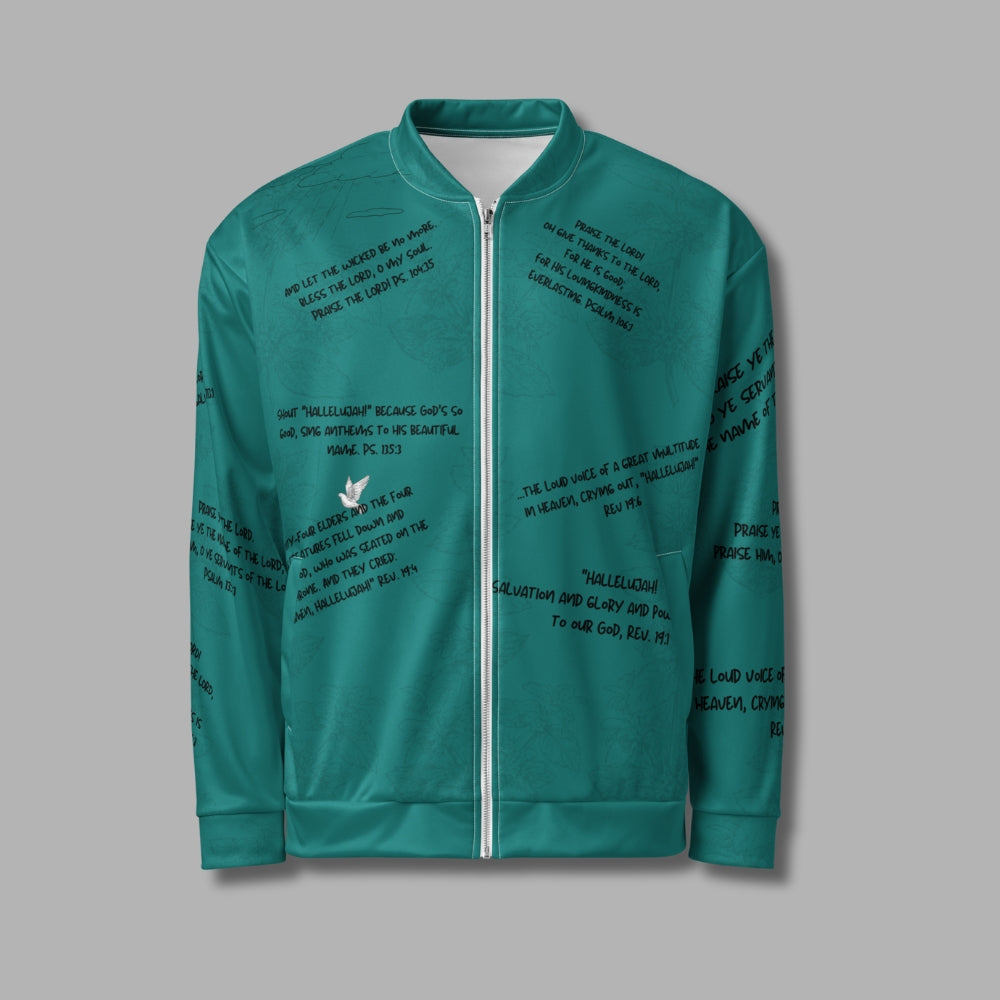 Hallelujah Unisex Bomber Jacket – Christian Streetwear with Bible Scriptures | Priesthood Threads (Teal)