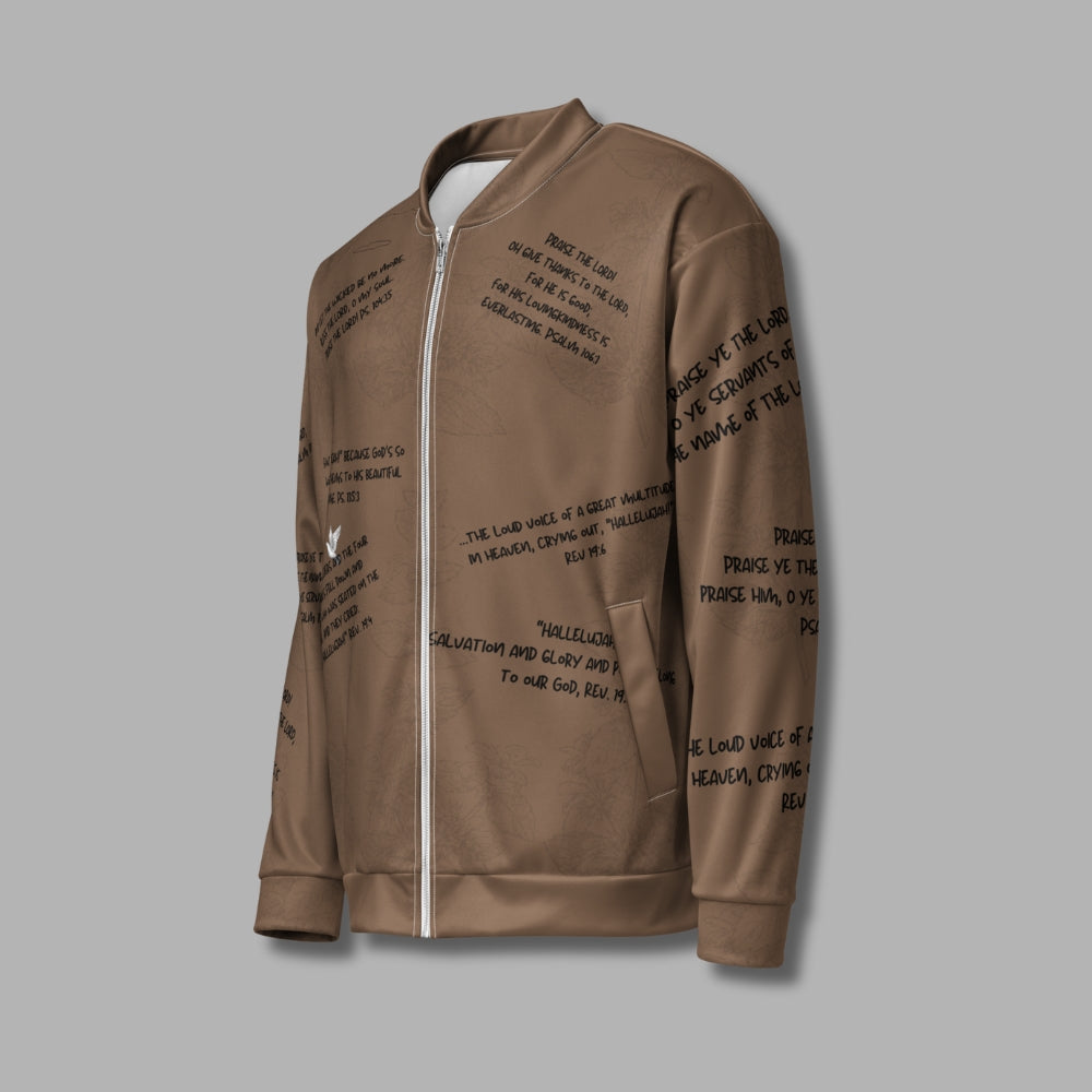 Hallelujah Unisex Bomber Jacket – Christian Streetwear with Bible Scriptures | Priesthood Threads (Mocha)