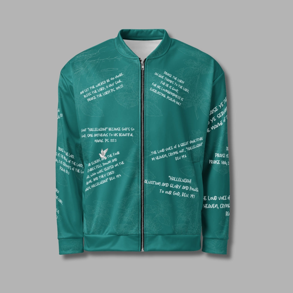 Hallelujah Unisex Bomber Jacket – Christian Streetwear with Bible Scriptures | Priesthood Threads (Teal)