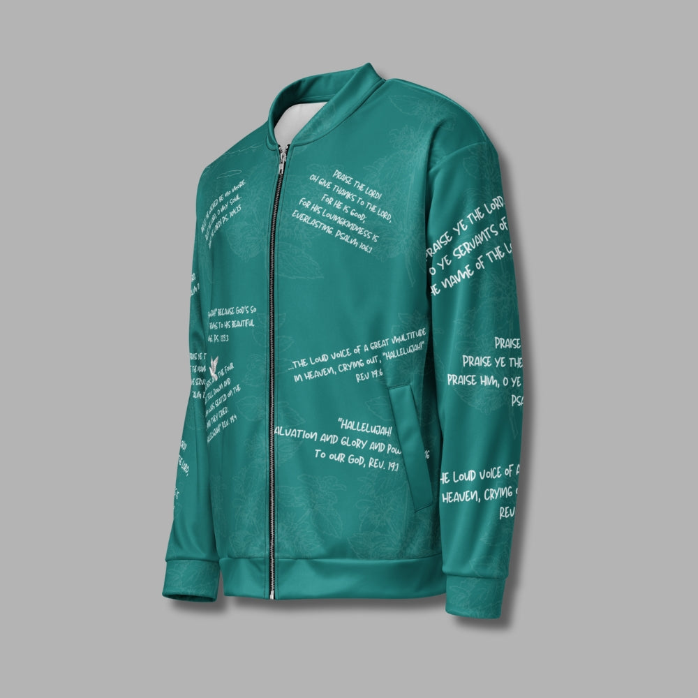 Hallelujah Unisex Bomber Jacket – Christian Streetwear with Bible Scriptures | Priesthood Threads (Teal)