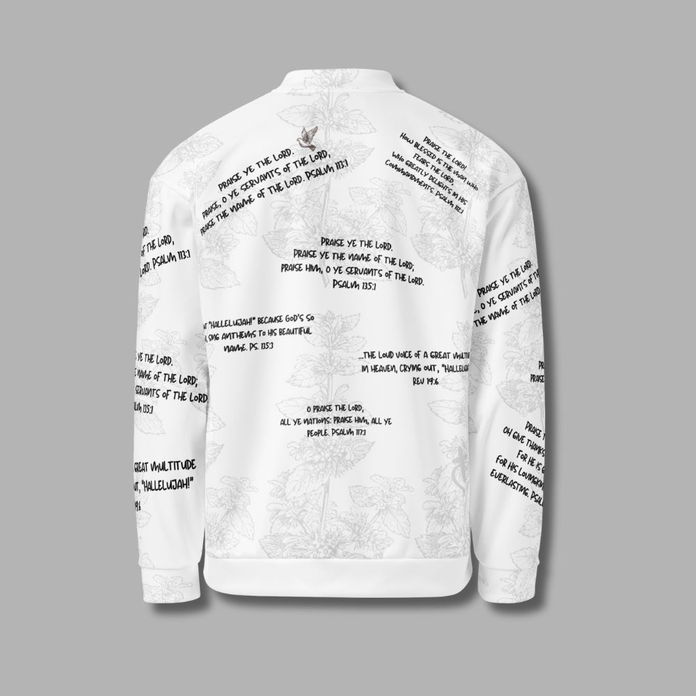 Hallelujah Unisex Bomber Jacket – Christian Streetwear with Bible Scriptures | Priesthood Threads (White)
