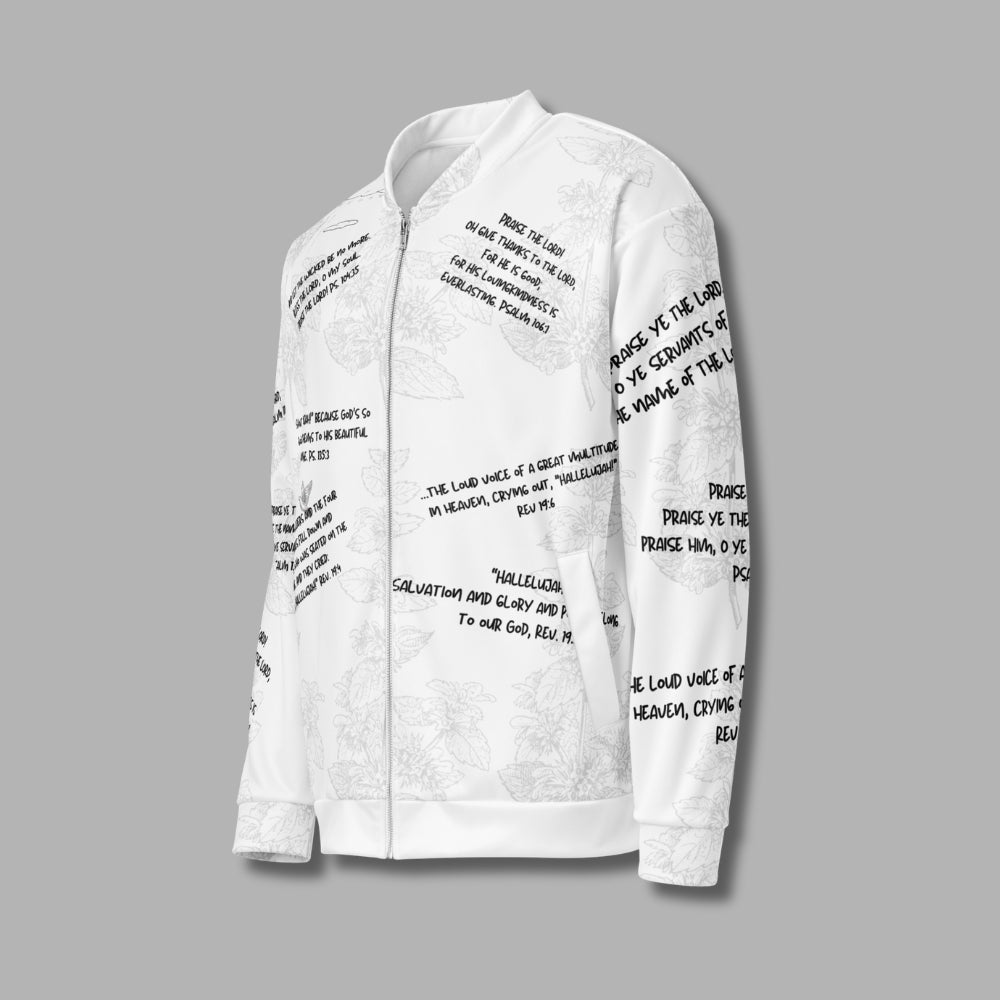 Hallelujah Unisex Bomber Jacket – Christian Streetwear with Bible Scriptures | Priesthood Threads (White)