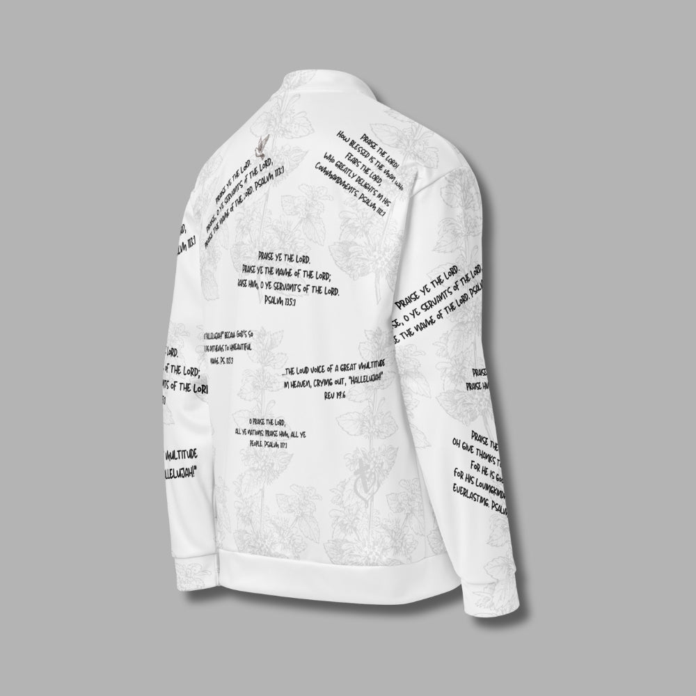 Hallelujah Unisex Bomber Jacket – Christian Streetwear with Bible Scriptures | Priesthood Threads (White)
