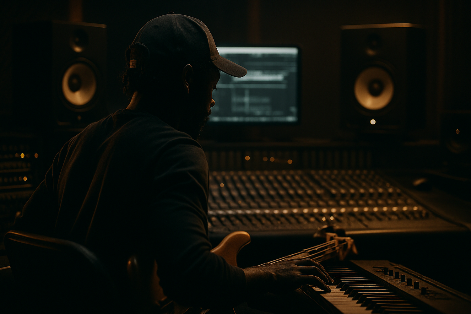 A cinematic studio shot of African American producer at work, with keys or bass. Do not show face