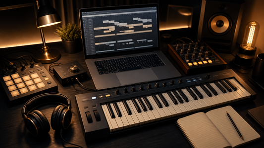 Music producer workspace comparing a licensed beat with a custom production workflow