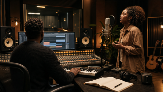 Producer and vocalist collaborating on full song production in a recording studio