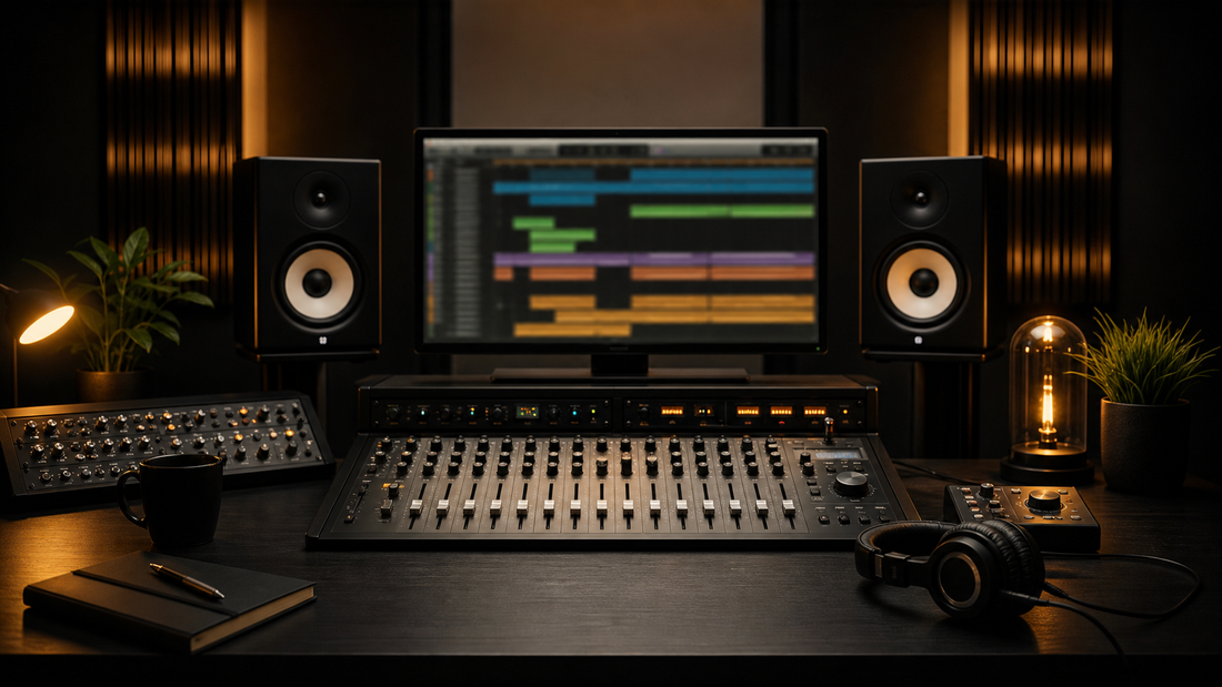 Professional mixing and mastering studio prepared for an organized song session