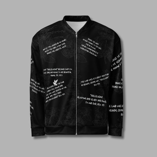 Hallelujah Unisex Bomber Jacket – Christian Streetwear with Bible Scriptures | Priesthood Threads (Black)
