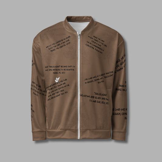 Hallelujah Unisex Bomber Jacket – Christian Streetwear with Bible Scriptures | Priesthood Threads (Mocha)