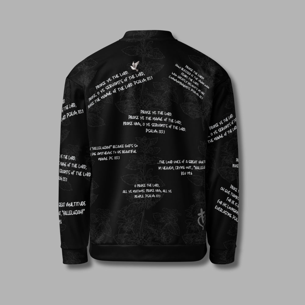 Hallelujah Unisex Bomber Jacket – Christian Streetwear with Bible Scriptures | Priesthood Threads (Black)