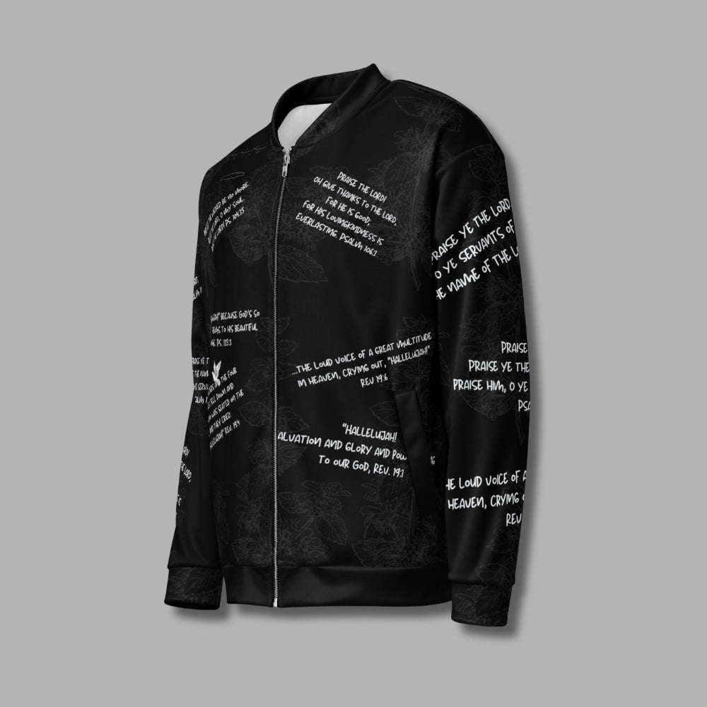 Hallelujah Unisex Bomber Jacket – Christian Streetwear with Bible Scriptures | Priesthood Threads (Black)