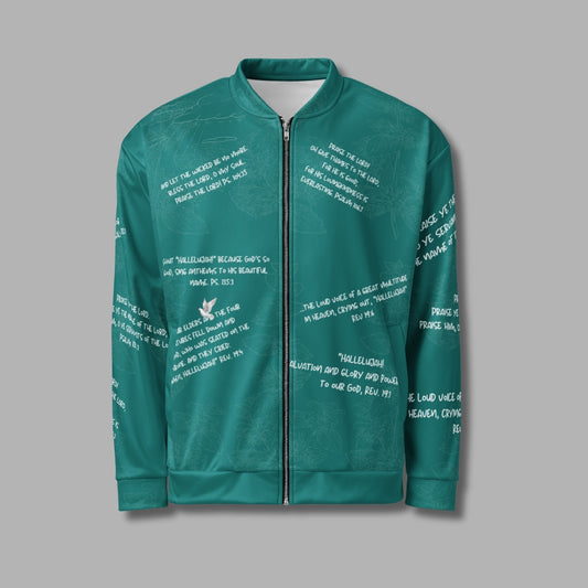 Hallelujah Unisex Bomber Jacket – Christian Streetwear with Bible Scriptures | Priesthood Threads (Teal)