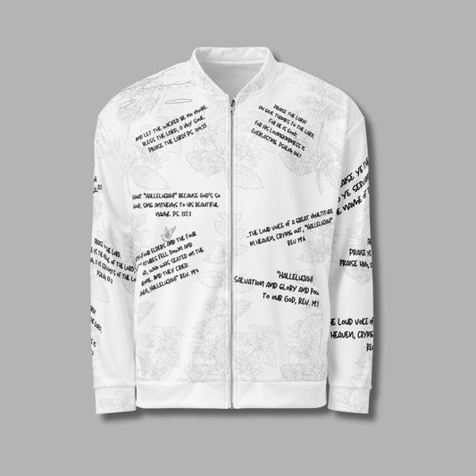 Hallelujah Unisex Bomber Jacket – Christian Streetwear with Bible Scriptures | Priesthood Threads (White)